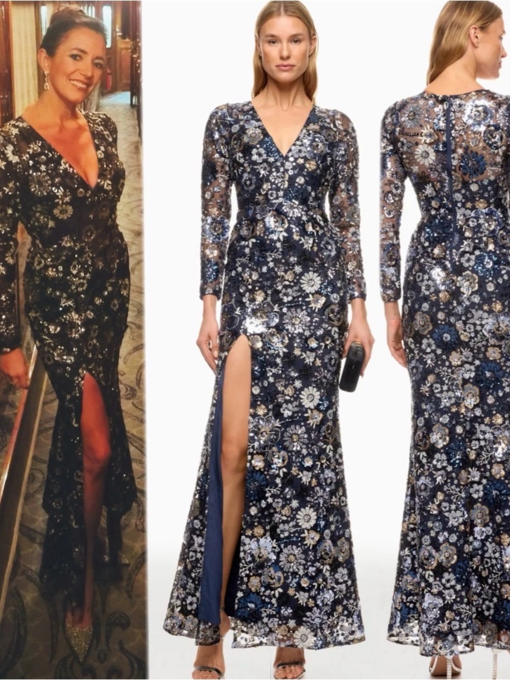 Dress the Population Alessandra Gown Elegant Navy Floral Sequin size L Petite